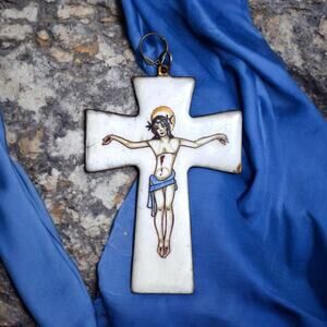 1950’s Fire Enamel 3.5” Crucifix Jesus Christ on Cross Dutch Artisan Enamel